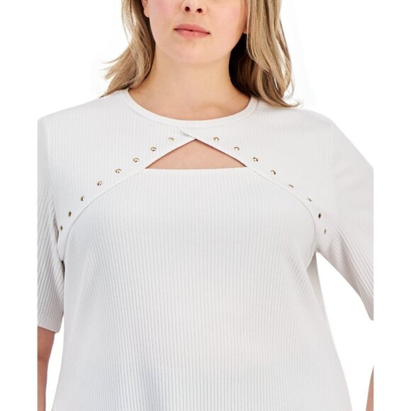 INC International Concepts Plus Size White Ribbed Studded Top NWT - Picture 2 of 5